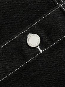 SHEIN 青少年男孩时尚休闲撞色缝线黑色口袋设计牛仔翻领长袖夹克适合日常穿着和秋季儿童服装 - 黑色 - 查看 4
