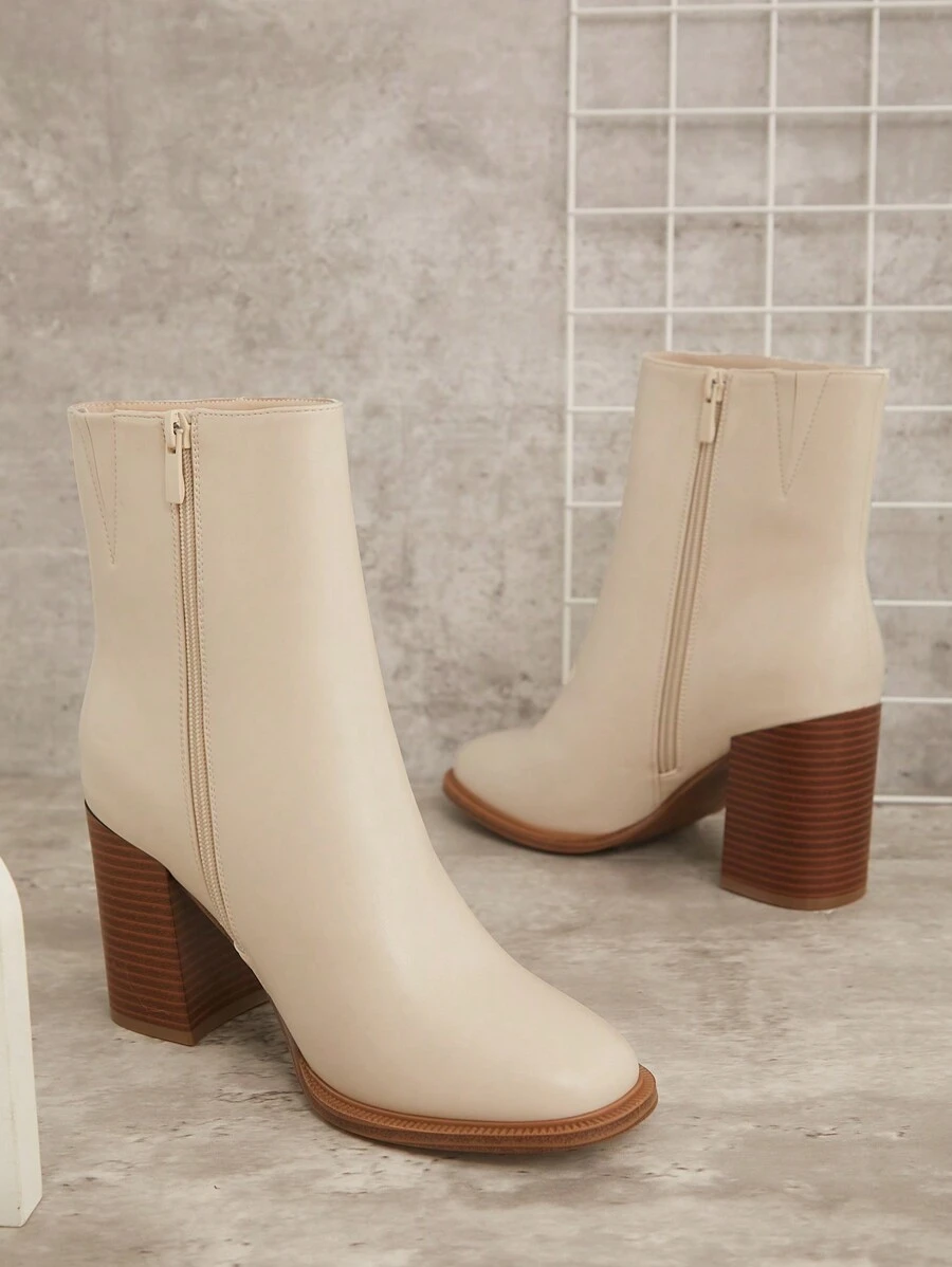 SHUZIA Women Shoes Welting Above Ankle Boot Stack Heel Round Toe PU Ivory Bootie - Beige - View 1