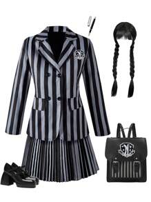 SHEIN 2 件套女孩星期三条纹学院风西装外套和百褶裙酷炫别致深色服装（不含配饰）
