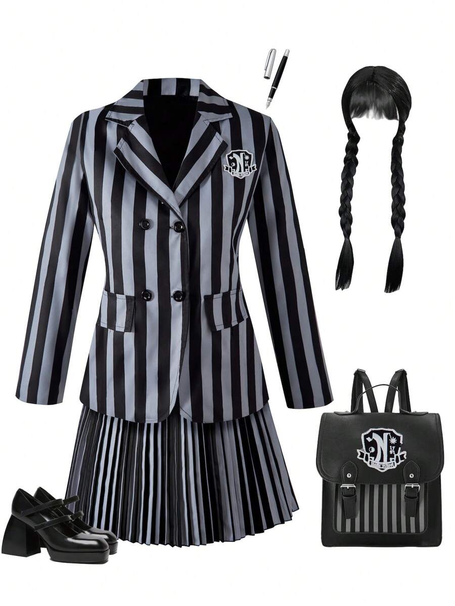 SHEIN 2 件套女孩星期三条纹学院风西装外套和百褶裙酷炫别致深色服装（不含配饰）