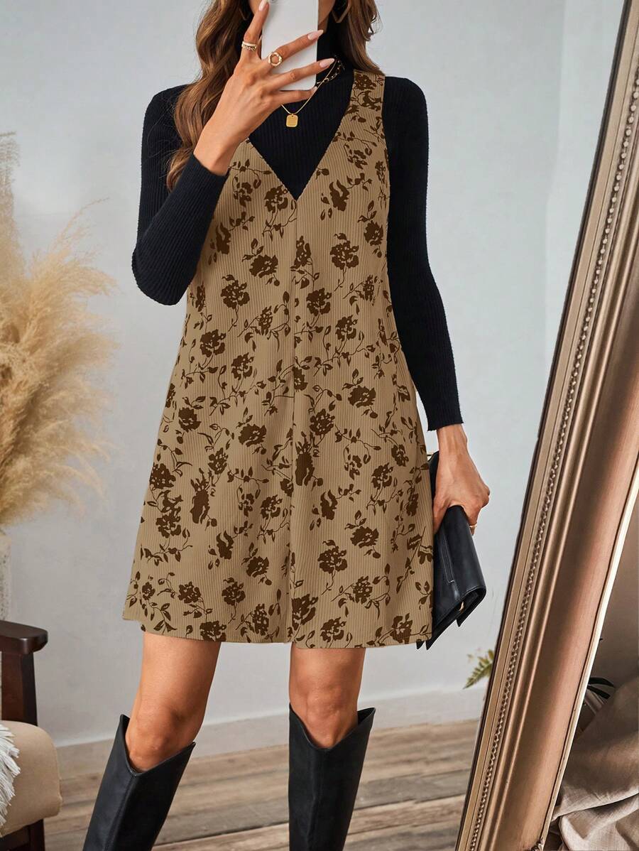 SHEIN LUNE 女式黑色花纹灯芯绒背心裙 - 咖啡 - 查看 1