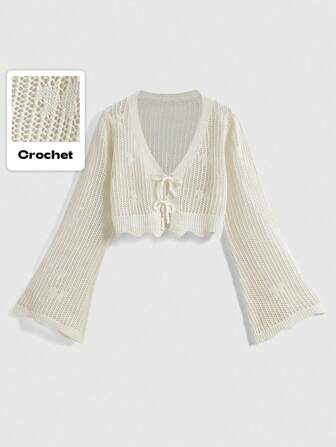 Fairycore Butterfly Jacquard Ladies Cropped Open-Front Cover Up With Flare Sleeve And Tie For Air-Conditioning Room, School
