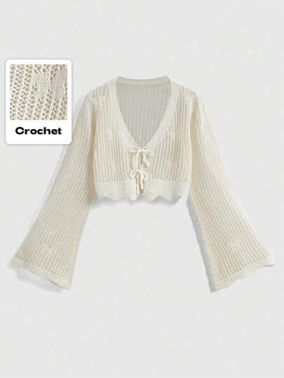 Fairycore Damenjäckchen mit Schmetterling-Jacquard-Muster, offener Vorderseite, Glockenärmeln und Krawatte, für klimatisierte Räume, Schule