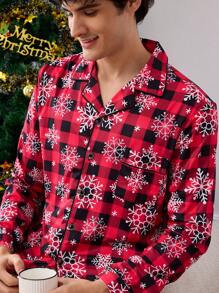 Men's Plaid Print Button-Up Long Sleeve Top And Pants Sleepwear Set - Black - View 8