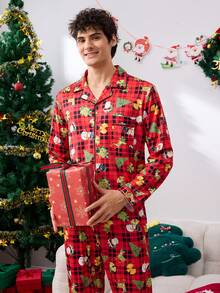 2 件男士格子和圣诞主题印花纽扣前襟衬衫和裤子睡衣套装 - 黑色 - 查看 7