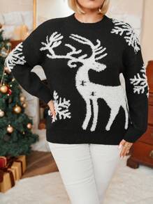 Plus Size Women Deer Print Long Sleeve Casual Pullover Sweater, Christmas Winter - Black and White - View 6