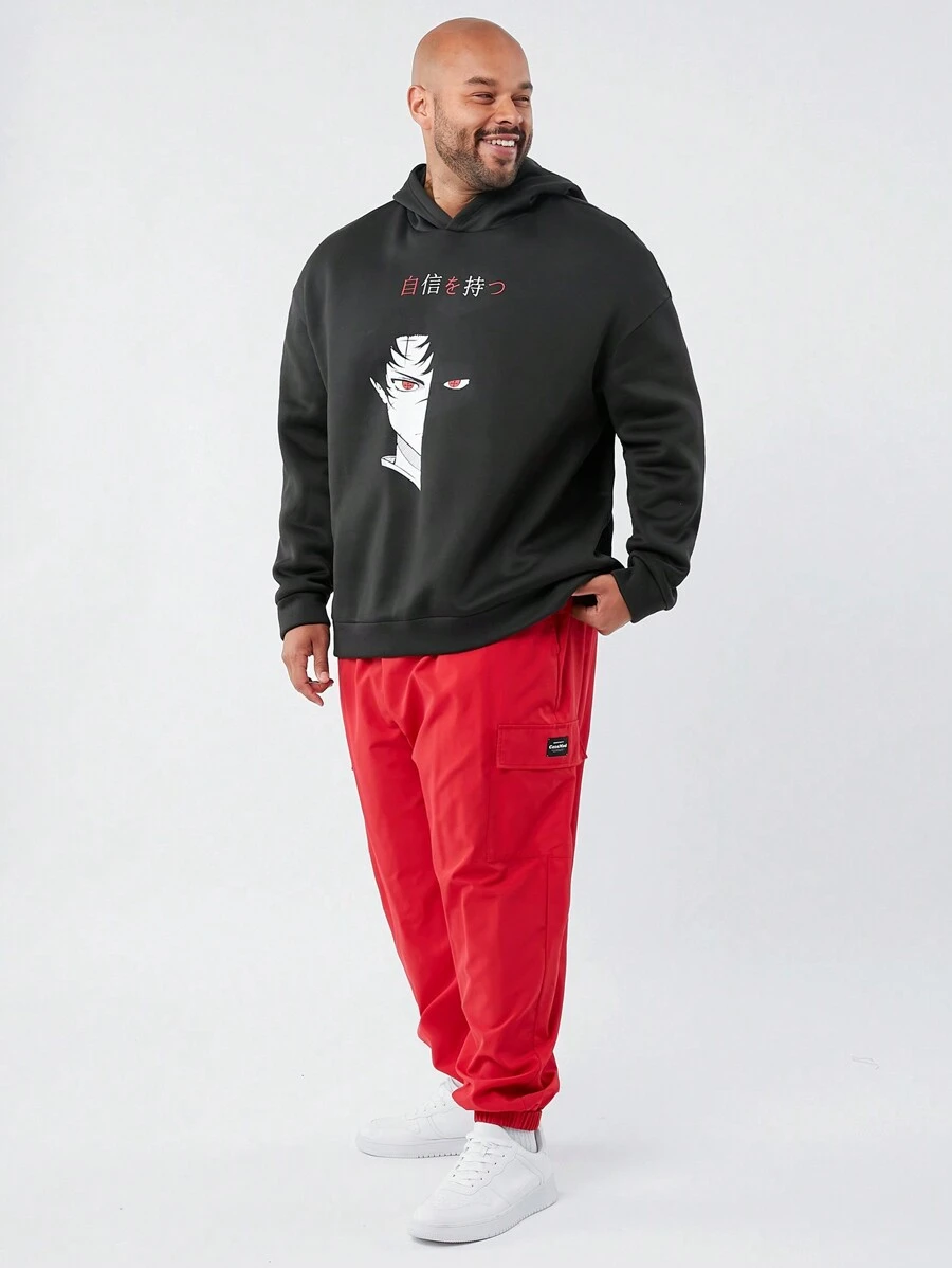 Mainfolk Set Hoodie Ukuran Besar Bertema Anime dan Celana Jogger dengan Manset Merah untuk Pria, untuk Musim Gugur dan Musim Dingin - Hitam - View 1