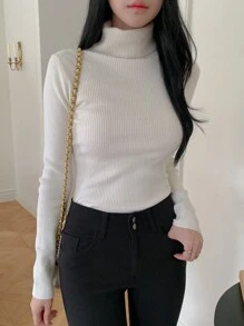 DAZY New Arrival Solid Color Turtleneck Slim Fit Sweater, Autumn,Long Sleeve Tops,Fall Women Clothes - White - View 6