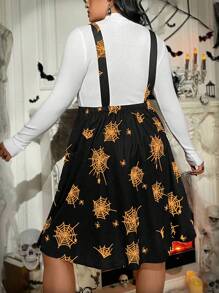 Flirla Váy thường ngày in hình mạng nhện toàn thân họa tiết Halloween cỡ lớn quai rộng - màu đen - Xem 2