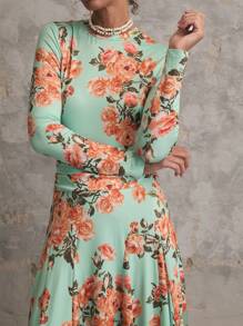 SHEIN Unity Vestido elegante de manga larga con estampado floral y dobladillo con volantes para mujeres