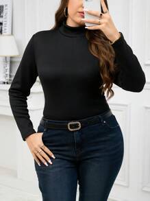 SHEIN Clasi 1 件女式黑色长袖保暖内衬保暖 T 恤，加大码，秋冬季 - 黑色 - 查看 4