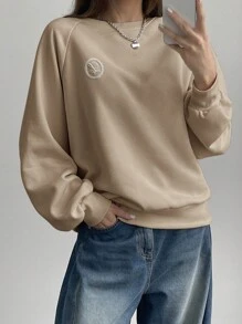 DAZY 女式宽松圆领长袖刺绣图案运动衫，秋季女装 - 卡其色 - 查看 5