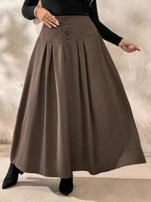 Calvaya Plus Size Solid Color Front Button Elegant Skirt, Autumn Winter Maxi Women - Rust Brown - View 6