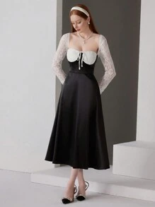 SHEIN Belle 女式撞色蕾丝拼布舞会礼服 - 黑與白 - 查看 6