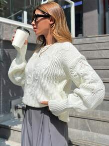EURMUSE Damen Strickpullover in Passform mit Stickerei, warm für den Winter - Weiss - Übersicht 3
