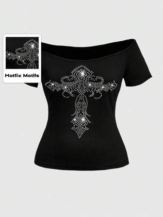 Goth Camiseta de manga corta con un hombro descubierto y decoración de cristales en forma de cruz, para carnaval