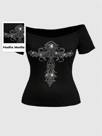 Goth Cross Rhinestone Decor Off The Shoulder Short Sleeve T-Shirt, For Carnival
