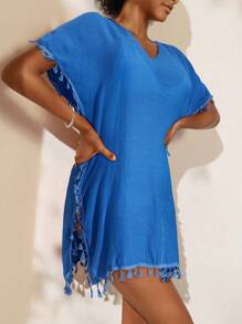 SHEIN Swim 女式纯色 V 领拼接流苏蝙蝠袖宽松罩衫连衣裙，夏季度假 - 藍色 - 查看 1