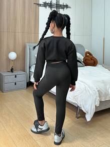 SHEIN Tween Girl 2 件套 Tween Girls 针织圆领运动衫和高弹力紧身裤套装 - 黑色 - 查看 3