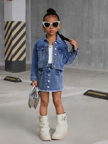 SHEIN 2 件女童牛仔翻领长袖夹克和百褶裙套装 - 中等水洗藍 - 查看 5