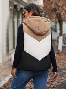 Calvaya Plus Size Color Block Hooded Padded Gilet, For Winter Clothes Jacket Coat - Brown - View 2