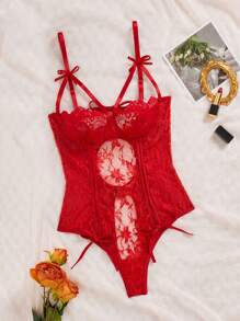 Damen sexy Jumpsuit mit Schleife, Ausschnitt, Bindebändern und Blumen Spitze Design