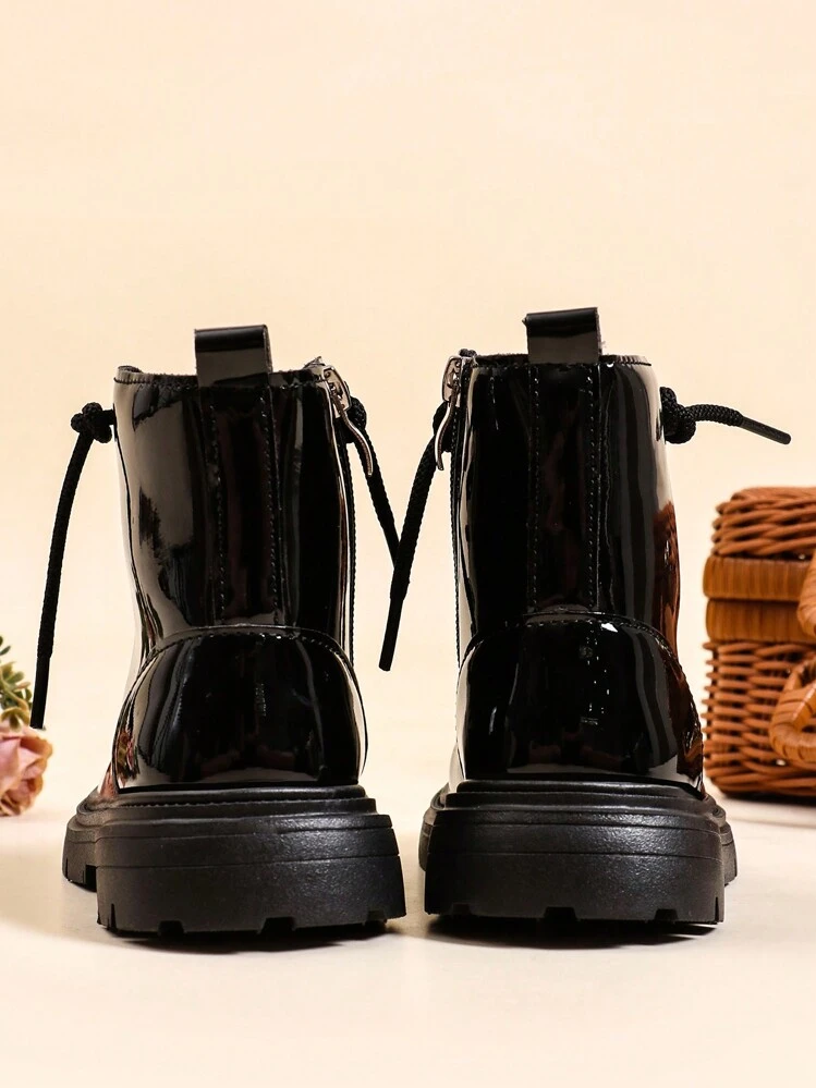 1 Pair Solid Color Patent Leather Shoelace Style Comfortable Fashion Versatile Durable Daily Boots For Kids - Black - View 3