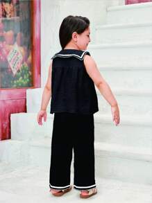 SHEIN Conjunto de calças compridas plissadas de algodão com lapela grande estilo universitário 2 peças
