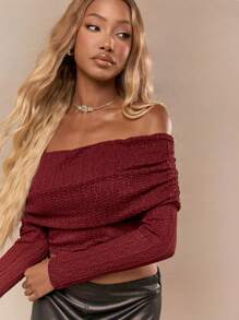 MISSGUIDED Transparentes Mesh-Spitzen-Gerafftes Off-Shoulder Langarm Crop Top für Weihnachten