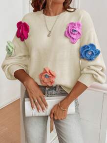 Chiquease 时尚3D立体花卉装饰圆领宽松毛衣，返校季百搭女士针织套头衫，秋冬季 - 米色 - 查看 4