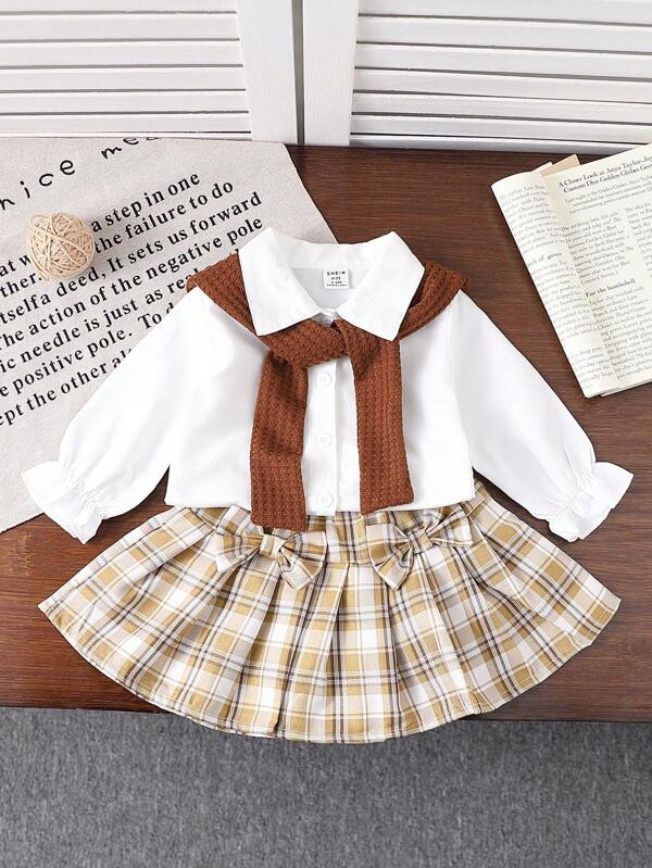 SHEIN 3pcs/Set Baby Girl Cute Long Sleeve Shirt, Plaid Pleated Skirt, And Knit Scarf Outfit, Versatile For All Seasons