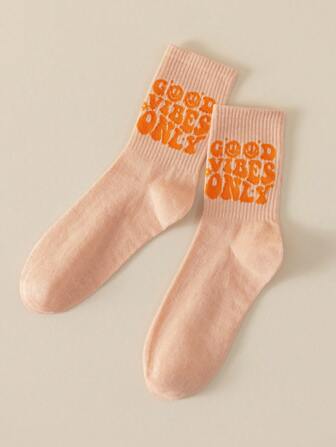 thegypsygoddess Konstnär 2 par tecknat leende ansikte & "GOOD VIBES ONLY" Bokstavstryck Orange mid-calf strumpor för kvinnor, för semester