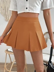 Chiquease Women's Solid Color Pleated A-Line Skirt, Casual Daily Wear