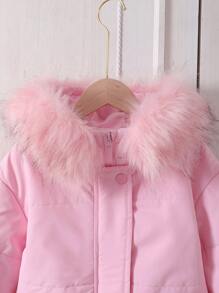 Tween 女童休闲防风中长款夹棉外套，带毛领，粉色 - 粉色 - 查看 4