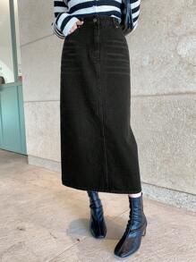 DAZY Chân váy denim dáng ôm màu trơn có túi, cài nút. - màu đen - Xem 7