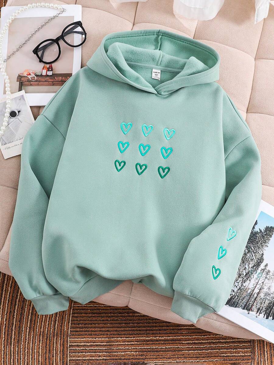 SHEIN Teen Girl's Casual Oversized Sweatshirt With Sweet Heart Embroidery, Gray-Green,In Fall/Winter - Green - View 1