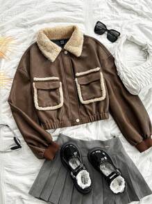 Soleia 女士休闲棕色 PU 皮革拼接毛领前开短款休闲夹克，休闲豹纹秋季夹克 - 棕色 - 查看 1