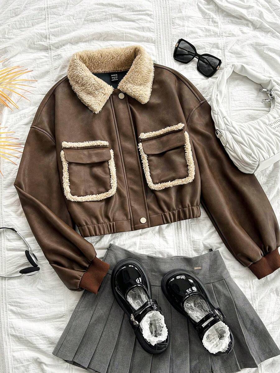 Soleia 女士休闲棕色 PU 皮革拼接毛领前开短款休闲夹克，休闲豹纹秋季夹克 - 棕色 - 查看 1