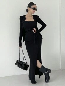 DAZY 2pcs Women Plain Button-Front Long Sleeve Sweater And Skirt Set