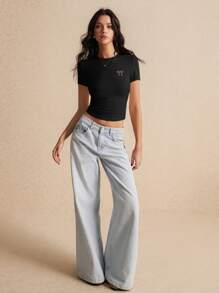 Poéselle Women Round Neck Short Sleeve Bow Embroidery Casual T-Shirt - Black - View 6