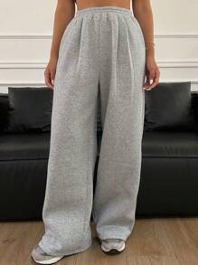 DAZY Quần ống rộng lót nhiệt màu trơn dáng rộng có cạp chun cho nữ - Xám - Xem 6