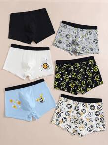 6pcs/Pack Teen Boys' Minimalist Retro Smiling Face Printed Soft Cotton Boxer Briefs