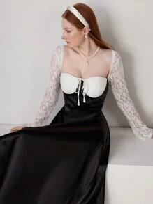 SHEIN Belle 女式撞色蕾丝拼布舞会礼服 - 黑與白 - 查看 5