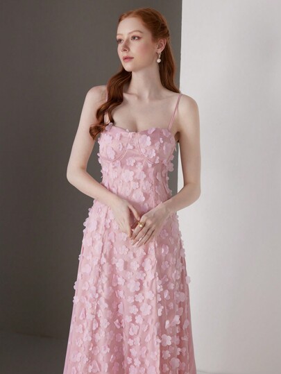 SHEIN Belle Women's Elegant Floral Embellished Slit Hem Sleeveless A-Line Party Dress (Heavily Embroidered), Semi Formal Prom Dress, For Birthday, Wedding Guest, Graduation Homecoming