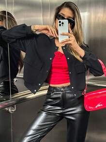 Chiquease Autumn/Winter Short Ribbed Collar Snap Buttoned Square Pocket Jacket - Black - View 4