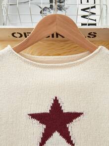 Áo len dệt kim hình sao jacquard dáng rộng thoải mái phong cách cổ điển dành cho bé gái tuổi mới lớn, mùa thu và đông - Màu be - Xem 4