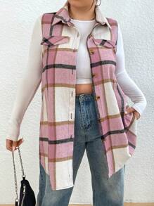 SHEIN Plus Size Front Button Sleeveless False Pocket Plaid Casual Jacket, For Winter - Multicolor - View 5