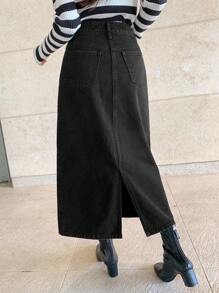 DAZY Chân váy denim dáng ôm màu trơn có túi, cài nút. - màu đen - Xem 2