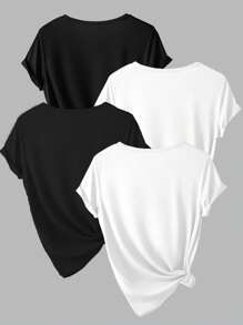 INAWLY 4 件女式休闲纯色圆领宽松短袖 T 恤，夏季基本款 T 恤 - 彩色 - 查看 2