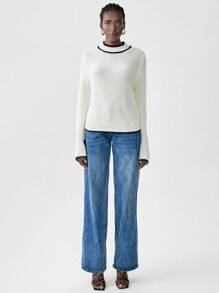 Chiquease Blusa casual de cuello redondo de manga larga con ribete de contraste, suéter de punto para otoño e invierno - Beis - Ver 4